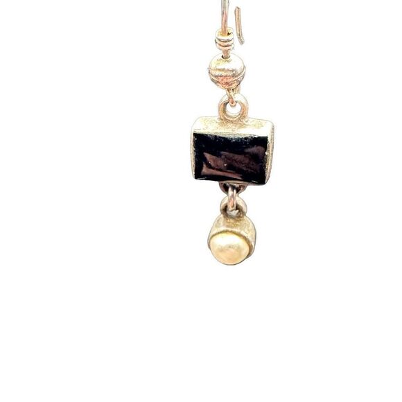 Sterling Silver Dangle Earrings Square Black Onyx with dangle faux pearl cabocho - Picture 2 of 11